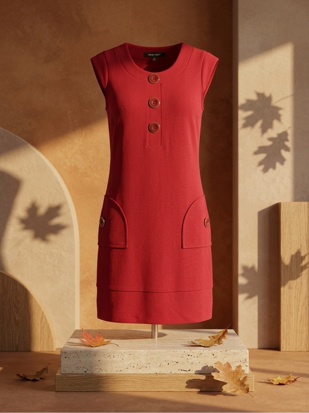 Nine West Bright Red Sleeveless Shift Dress with Front Buttons